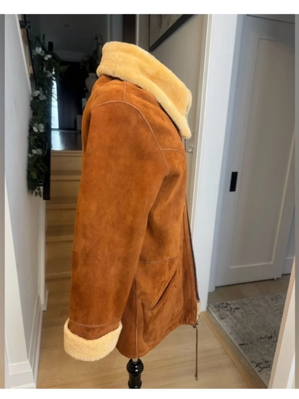 Classic Brown Shearling-Trim Women's Coat - Picture 3 of 13